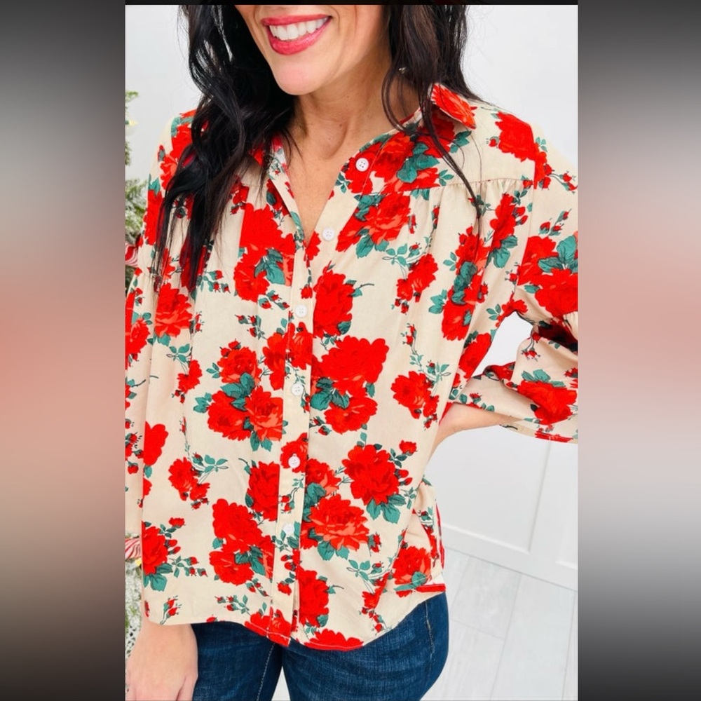 Red and Cream Floral Button Down Shirt First Love